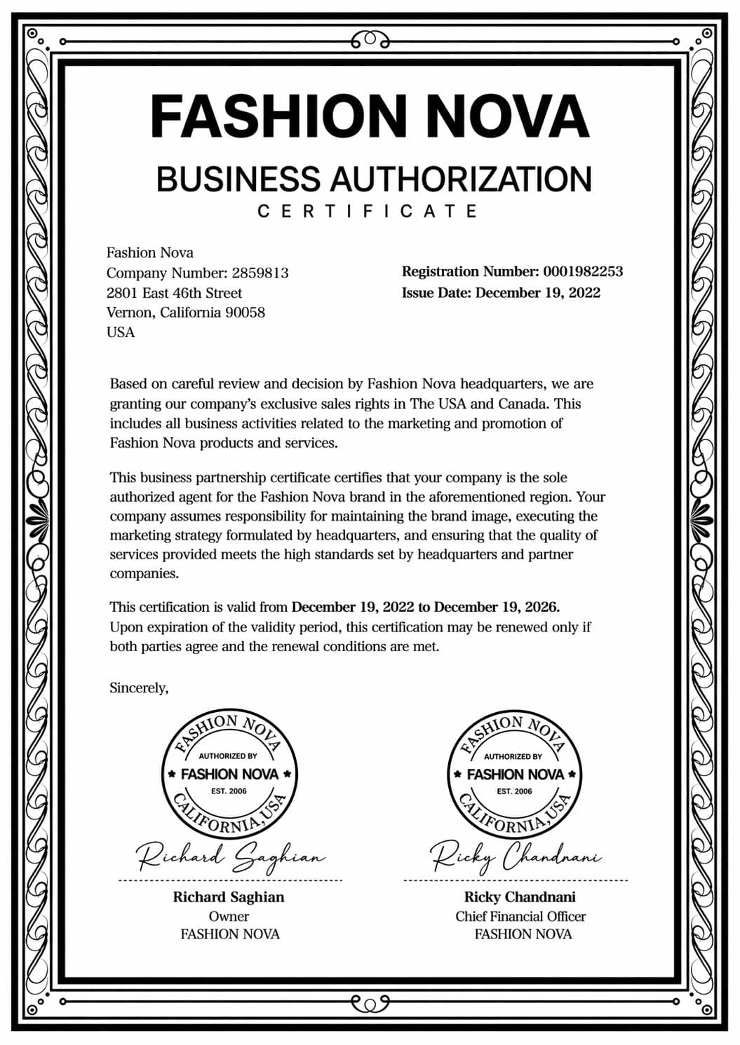 Fashion Nova business partnership certificate — official document